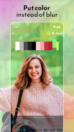 Color overlay feature replacing blur with color palette in photo editor showing smiling woman