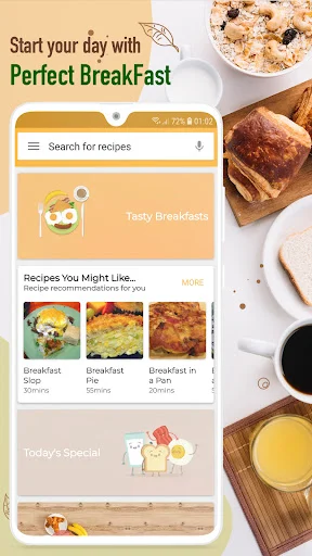 Breakfast Recipes Cookbook App home screen showing search bar, recipe categories, and daily breakfast suggestions