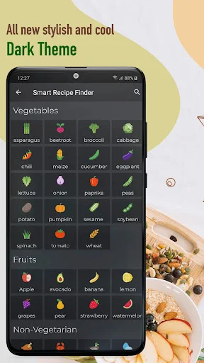 Smart Recipe Finder dark theme showing categorized ingredients: vegetables, fruits, and non-vegetarian options