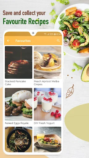 Favorites section displaying saved breakfast recipes including pancakes, eggs royale, and yogurt dishes