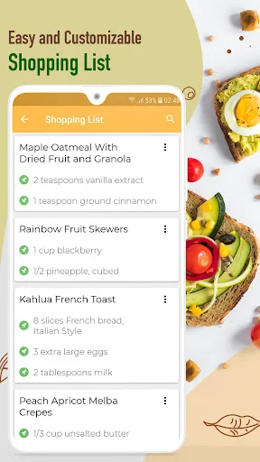 Shopping List feature organizing ingredients for multiple breakfast recipes with checkboxes