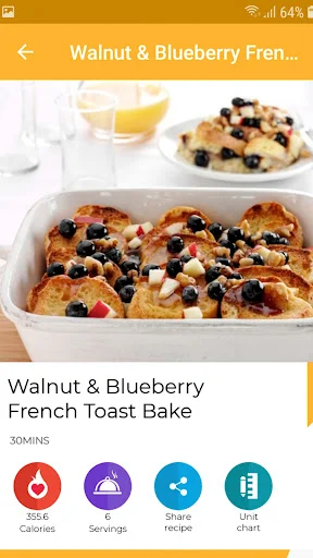 Walnut & Blueberry French Toast Bake recipe with photo, cooking time, and nutrition information icons