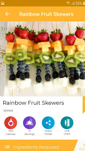 Rainbow Fruit Skewers recipe showing colorful fruit arrangement with prep time and ingredient details