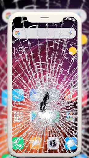HD Broken Screen Wallpaper app showing colorful shattered glass effect on phone home screen with apps