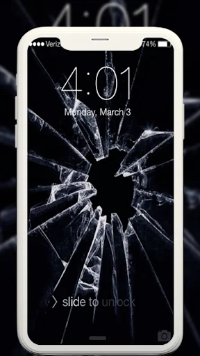 Broken screen prank wallpaper on phone lock screen displaying cracked glass effect at 4:01 PM
