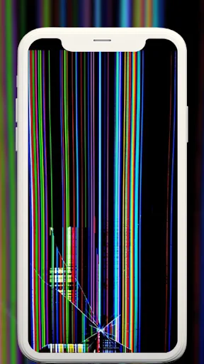 Broken LCD screen wallpaper with colorful vertical lines and cracked glass effect on phone display