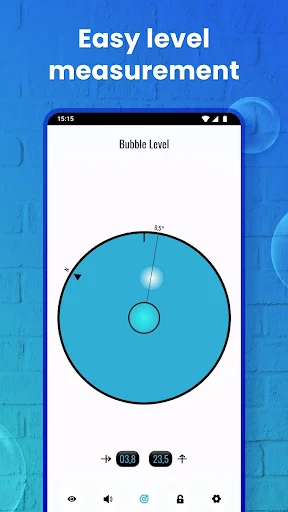 Bubble Level app displaying circular level measurement tool with degree indicators and centered bubble