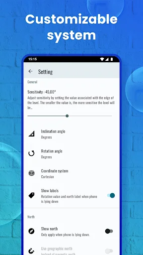 Bubble Level app settings menu showing customizable sensitivity, angle units, and coordinate system options