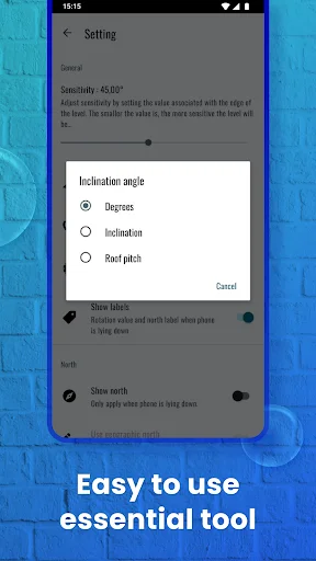 Bubble Level settings dialog for inclination angle showing degrees, inclination, and roof pitch options
