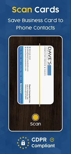 Business card scanner app scanning a business card to save contact info to phone, GDPR compliant