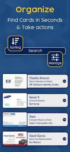 Organize business cards screen showing sorted contact list with search and manage options