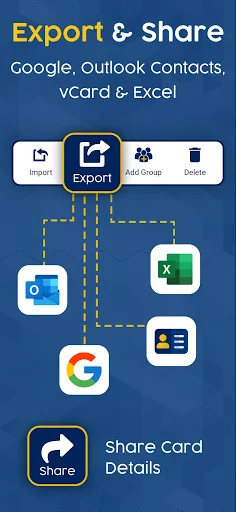Export and share business cards to Google, Outlook, Excel, vCard with share card details feature