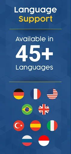 Language support screen showing Business Card Scanner available in 45+ languages worldwide