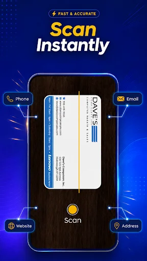 Fast accurate business card scanner extracts phone, email, website, address data with one-tap scanning
