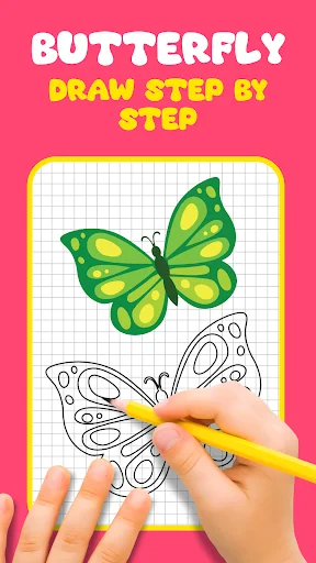 Butterfly drawing app tutorial showing step-by-step coloring instructions with hand holding yellow pencil