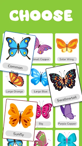 Butterfly species selection screen displaying various colorful butterflies including Common, Solar Wing, and Swallowtail