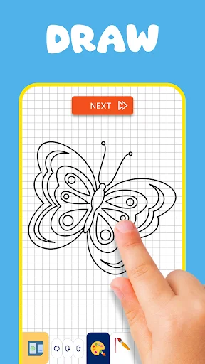Drawing interface with grid canvas showing butterfly outline sketch and Next button for step-by-step tutorial