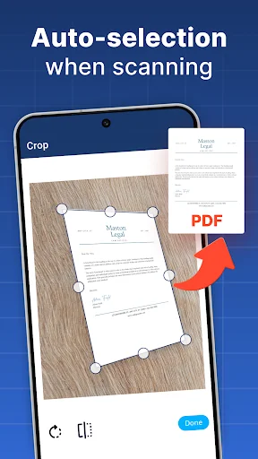 Auto-selection feature in PDF scanner app detecting document edges for cropping and conversion