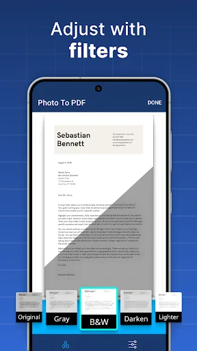 PDF scanner app filter options showing Original, Gray, B&W, Darken, and Lighter adjustments