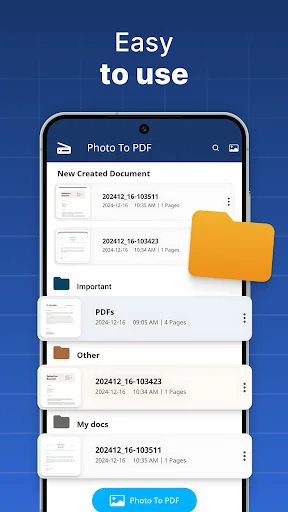 PDF scanner document manager showing organized folders and files with easy navigation interface