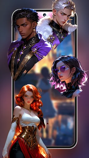 Four diverse AI character avatars displayed on mobile phone for roleplay chat selection in Chara AI friend app