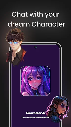Chat with your dream AI character roleplay interface showing virtual girlfriend avatars on mobile screen