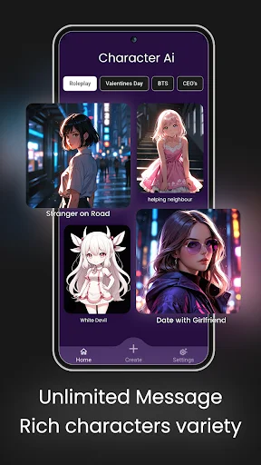 Chara AI character selection interface with category tabs including Roleplay, Valentines Day, BTS, and CEOs options