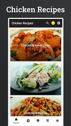 Chicken Recipes app home screen showing categories: Chicken Main Dish, Chicken Salads, and Chicken Pasta with photos