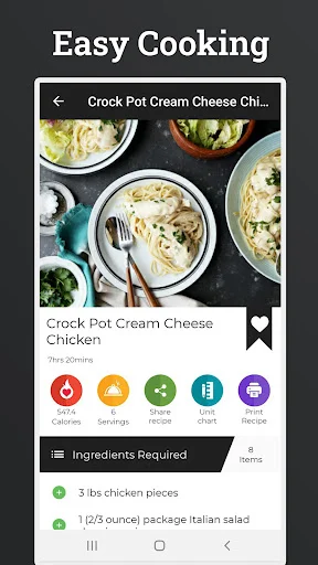 Easy Cooking recipe detail for Crock Pot Cream Cheese Chicken with ingredients list and cooking options displayed
