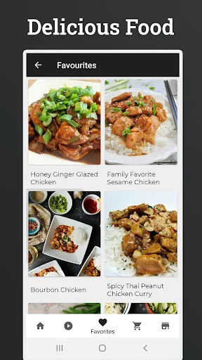 Delicious Food favorites screen displaying saved chicken recipes including Honey Ginger Glazed and Bourbon Chicken dishes