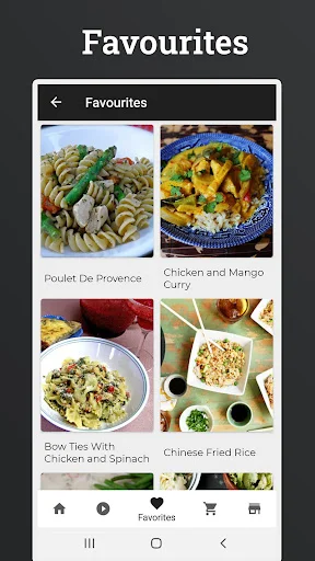 Favourites collection showing Poulet De Provence, Chicken Mango Curry, and Bow Ties With Spinach recipes grid view