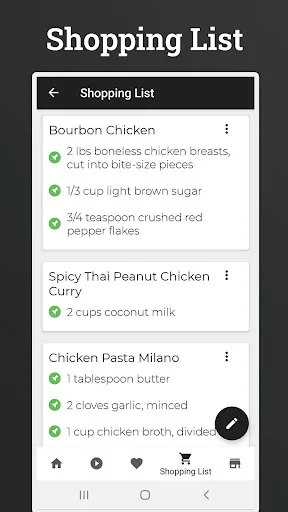 Shopping List screen with ingredients for Bourbon Chicken, Spicy Thai Peanut Chicken, and Chicken Pasta Milano recipes