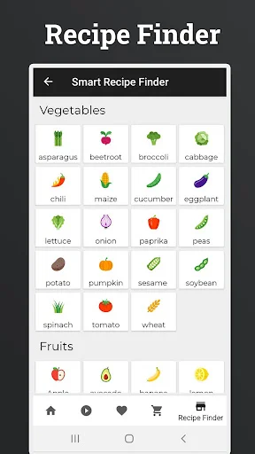 Recipe Finder interface with smart ingredient selector showing vegetables and fruits icons for filtering chicken recipes