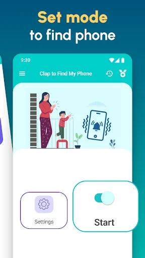 Set mode screen to activate phone finder with start button, settings option, and illustrated instructions