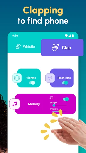Clapping mode interface showing clap tab active with vibrate, flashlight, and melody customization options