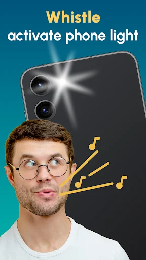 Whistle activation demo showing phone flashlight response with musical notes indicating sound detection