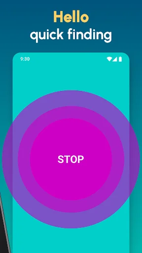 Hello quick finding screen with large stop button to deactivate phone finder alert response