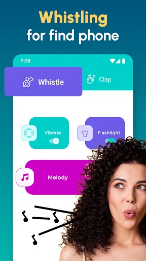 Whistle detection mode with toggle controls for vibrate, flashlight, and custom melody alert sounds
