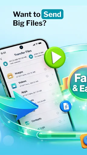 Clone Phone app interface showing big file transfer options including images, videos, and contacts with play button