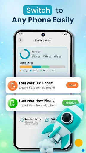 Phone Switch feature for device migration showing export data from old phone and import data to new phone options