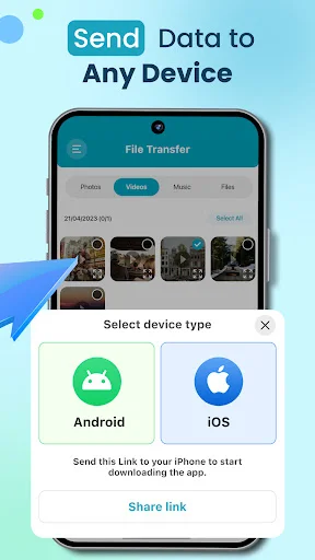File Transfer app device type selection screen allowing users to choose between Android and iOS recipients