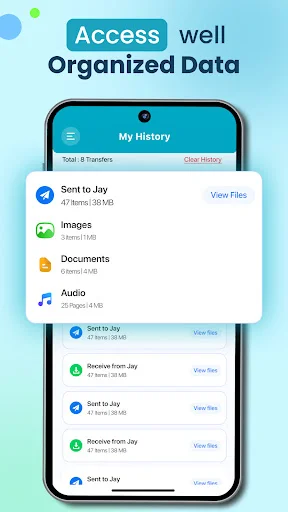 My History feature displaying organized file transfer records by category including documents, images, and audio files