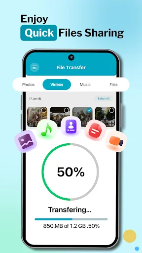 File Transfer app showing 50% progress bar transferring 850MB of 1.2GB with photos, videos, music, and files categories