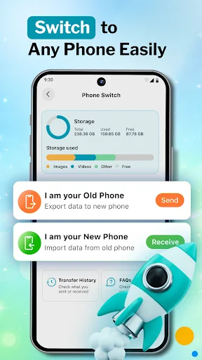 Phone Switch feature for device migration showing export data from old phone and import data to new phone options