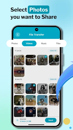File Transfer app photo selection tab showing thumbnail grid gallery with select all and send button functionality