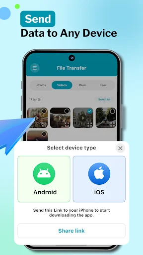 File Transfer app device type selection screen allowing users to choose between Android and iOS recipients