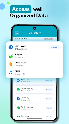 My History feature displaying organized file transfer records by category including documents, images, and audio files