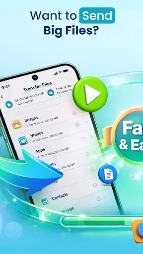 Clone Phone app interface showing big file transfer options including images, videos, and contacts with play button
