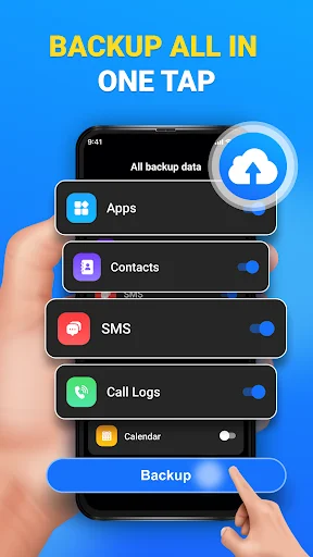 Cloud Backup app screen showing selective backup options for Apps, Contacts, SMS, Call Logs, Calendar with individual toggle switches and blue cloud upload icon