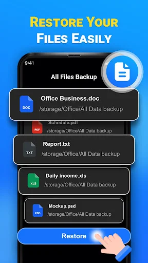 File restore screen displaying backup files including Office Business.doc, Schedule.pdf, Report.txt, Daily income.xls, and Mockup.psd